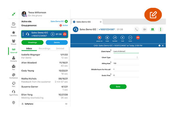 Zultys call attached data graphical user interface screenshot